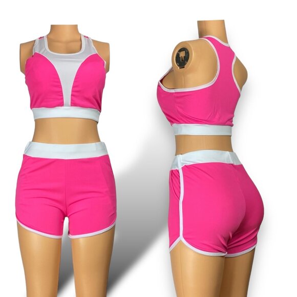 Women Tracksuit Short Sleeve Crop Top & Shorts - Tops with Removable Pads | Pink - Picture 1 of 5